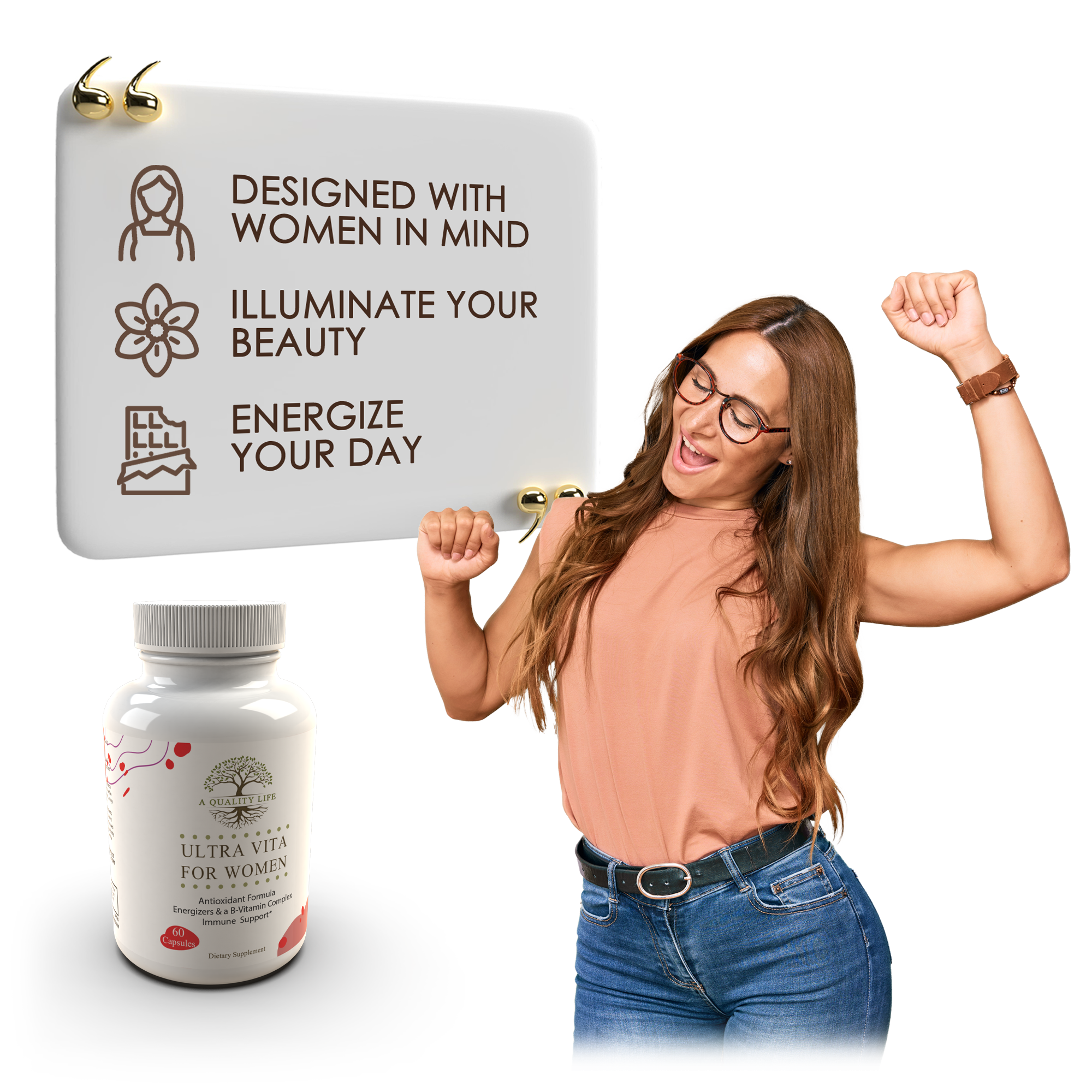 Woman flexing muscles with a product and sign about women's health and energy.