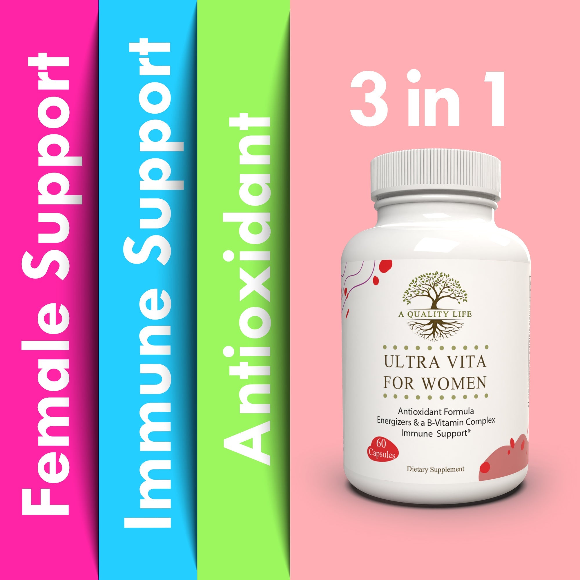 Supplement bottle labeled 'Ultra Vita for Women' with color-coded text on a pink background