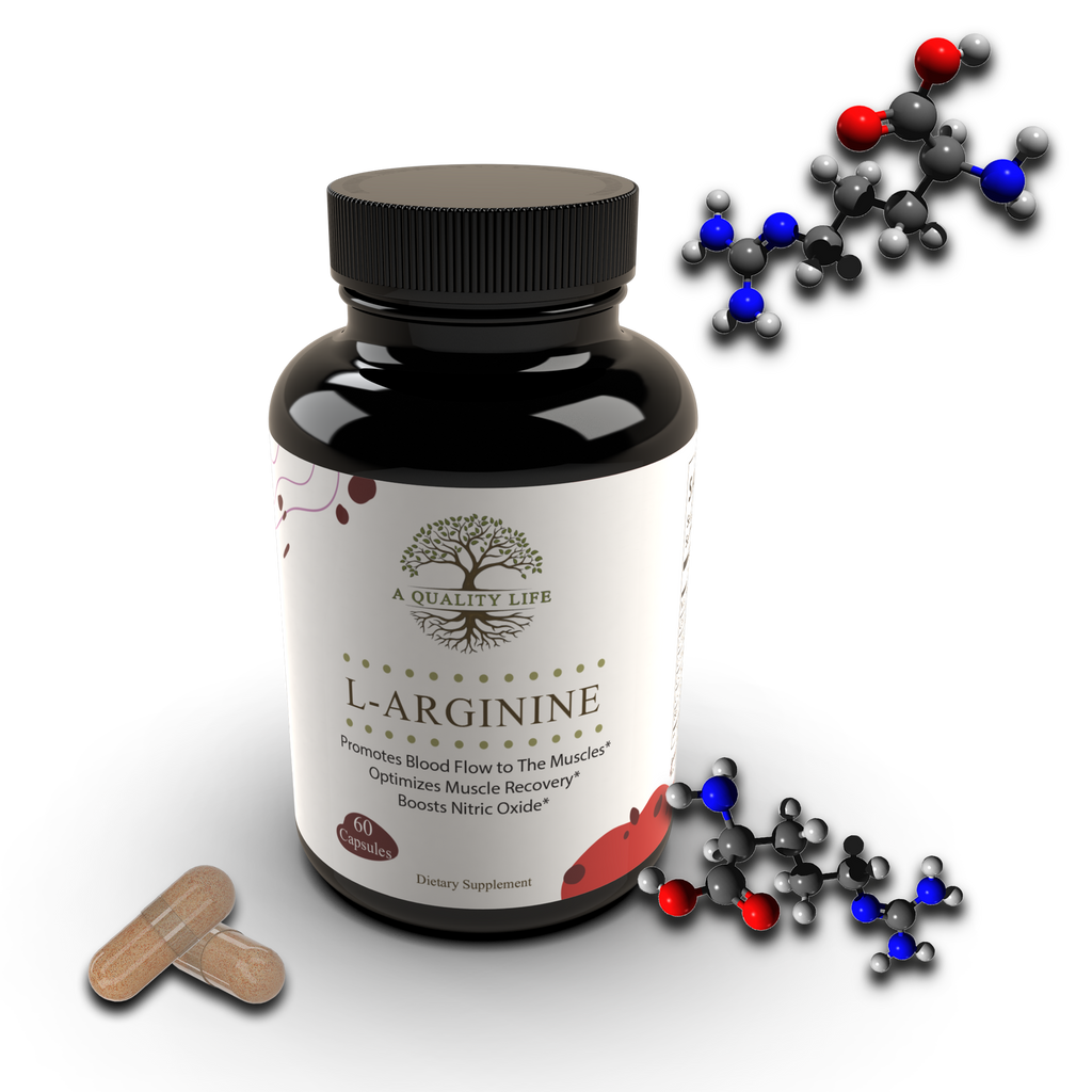Supplement bottle labeled 'L-Arginine' with molecular models on a white background
