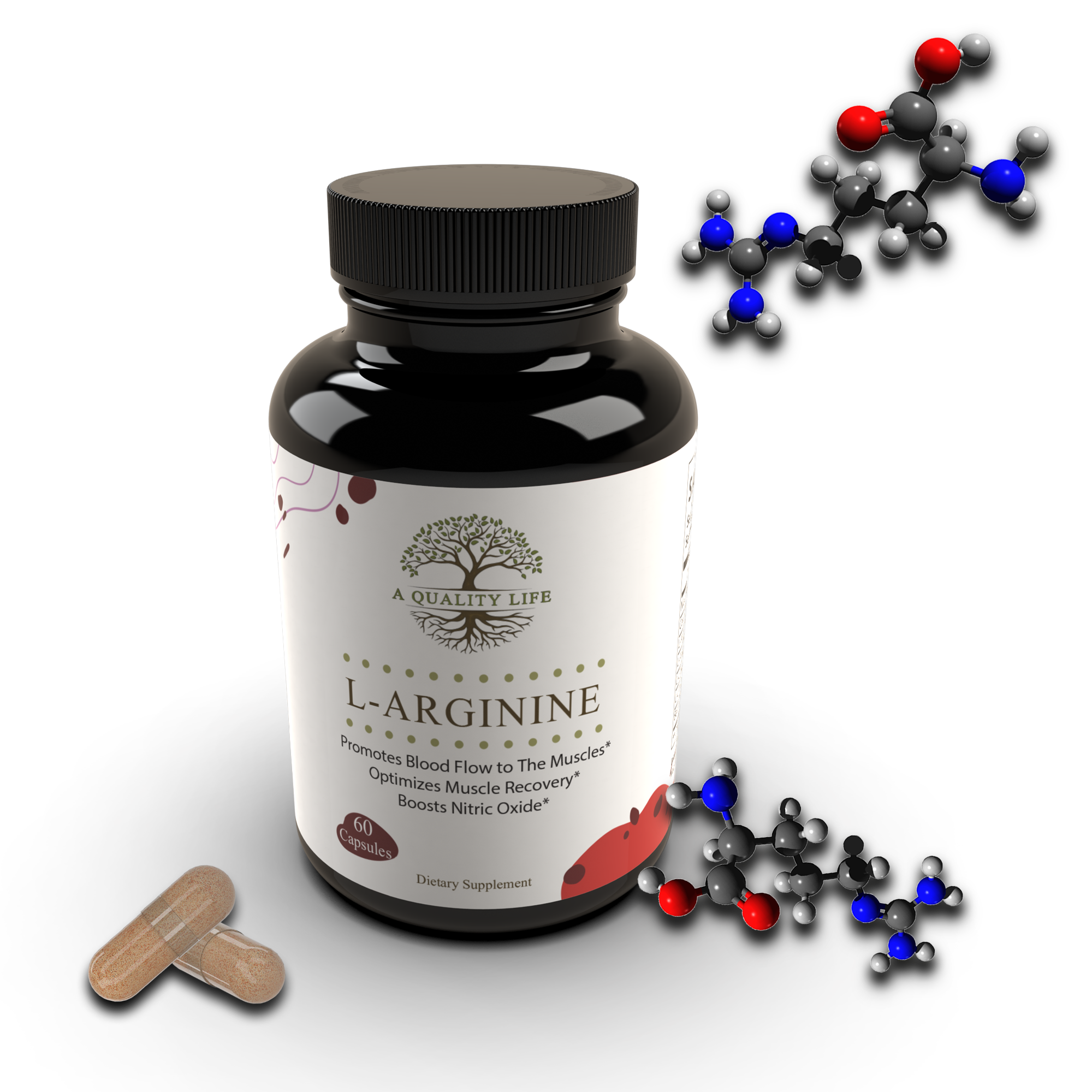 Supplement bottle labeled 'L-Arginine' with molecular models on a white background