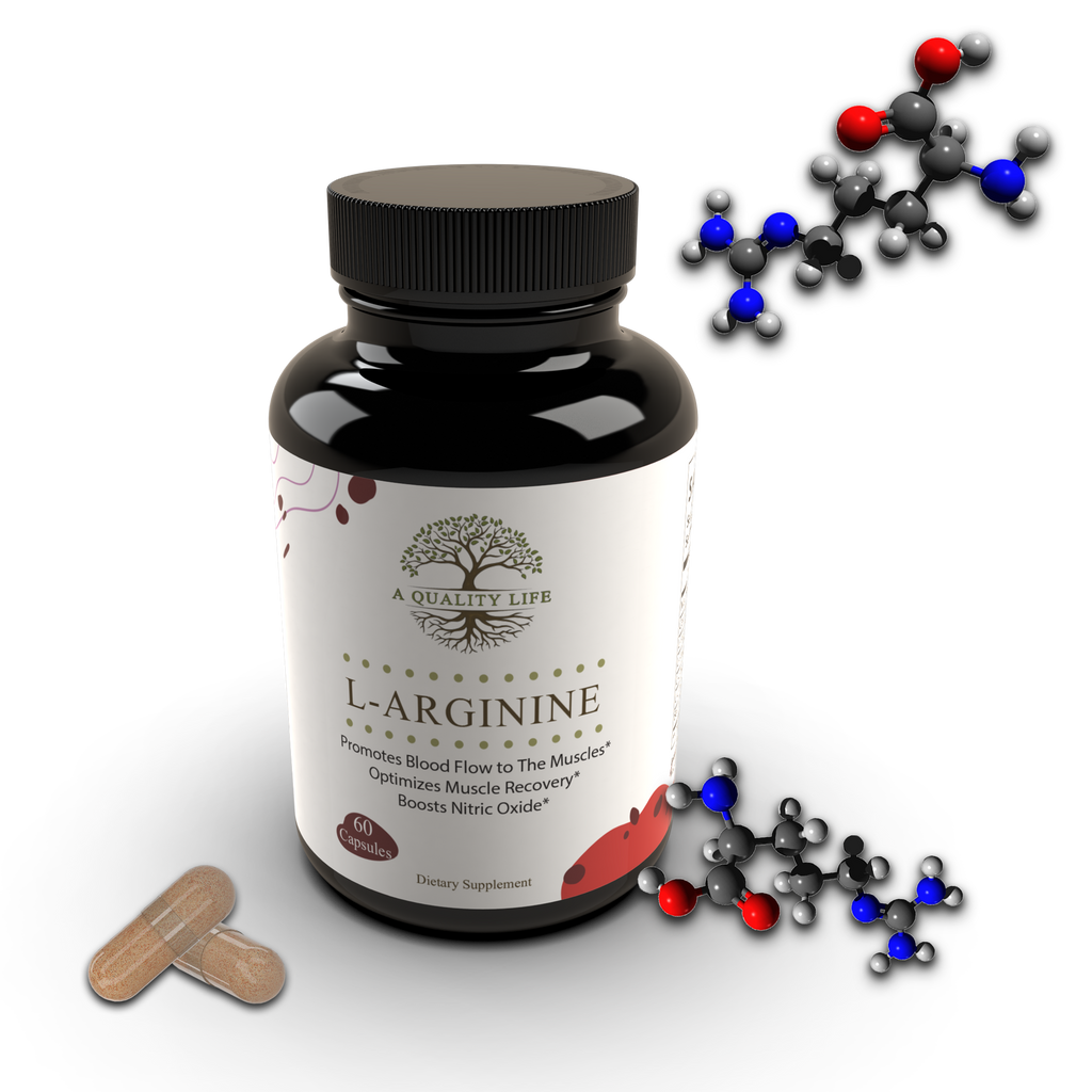 Bottle of L-Arginine supplement with molecular models on a white background