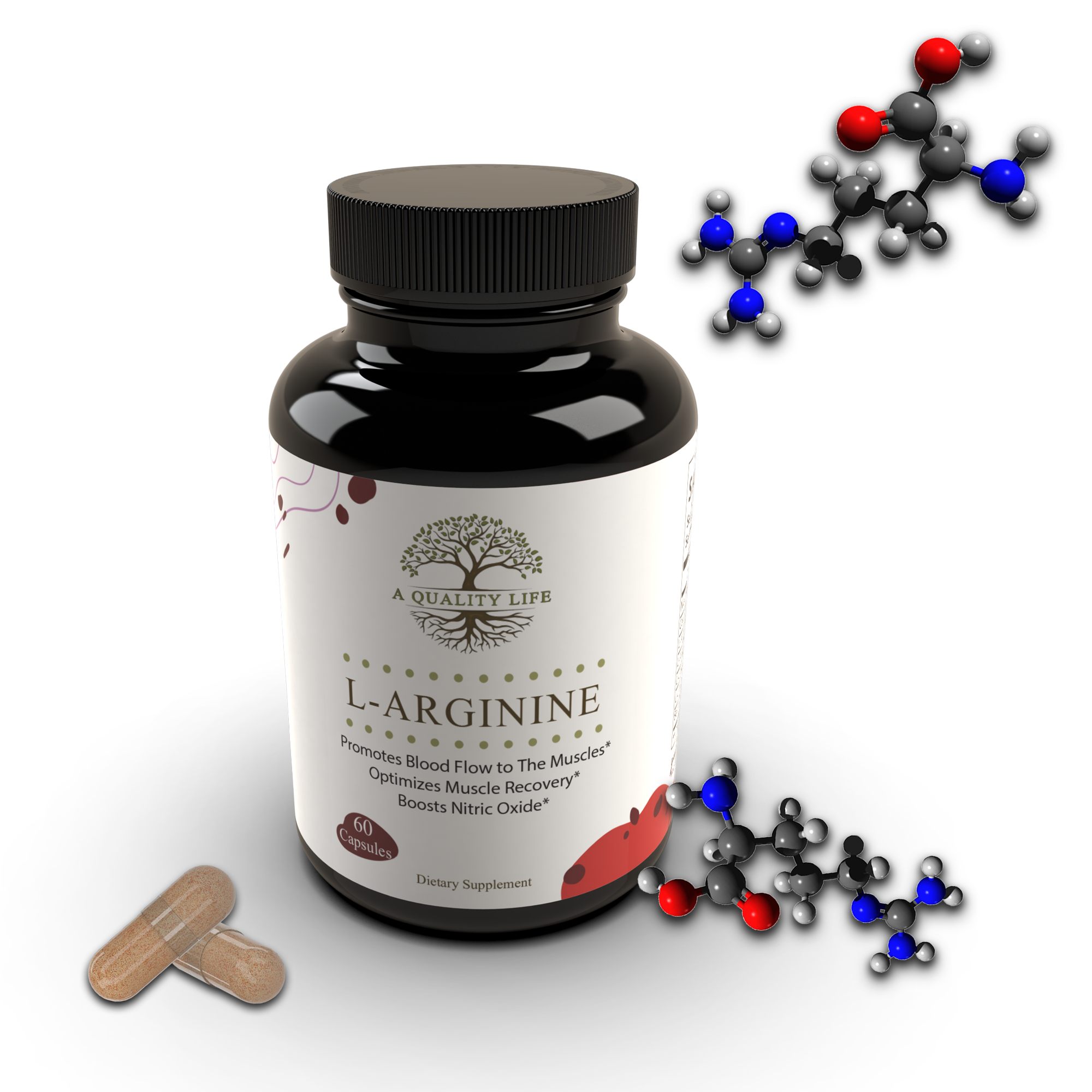 Bottle of L-Arginine supplement with molecular models on a white background