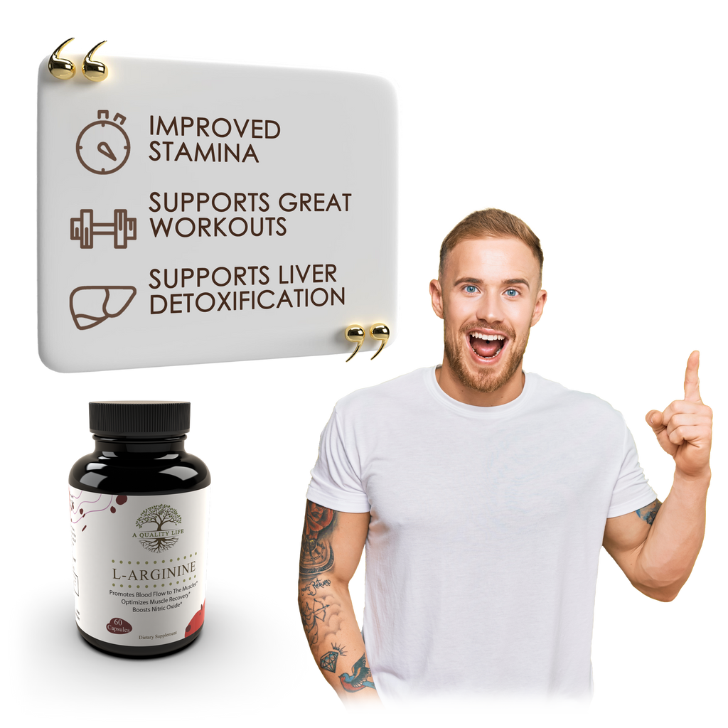 Man pointing at a supplement bottle with text about improved stamina and liver detoxification on a white background
