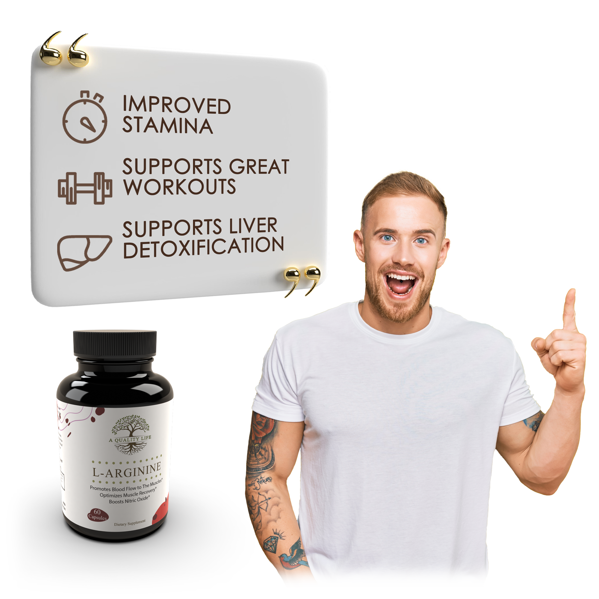 Man pointing at a supplement bottle with text about improved stamina and liver detoxification on a white background