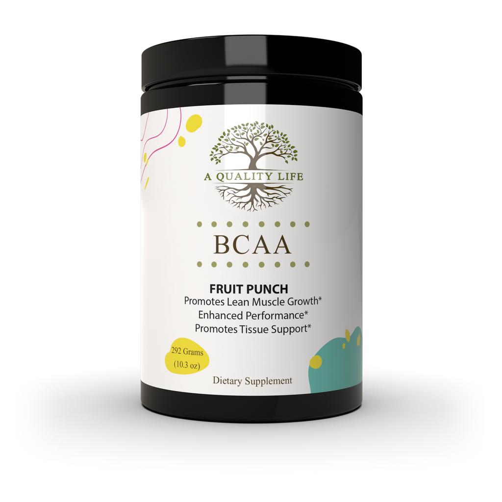 Supplement container labeled 'BCAA Fruit Punch' by 'A Quality Life' on a white background
