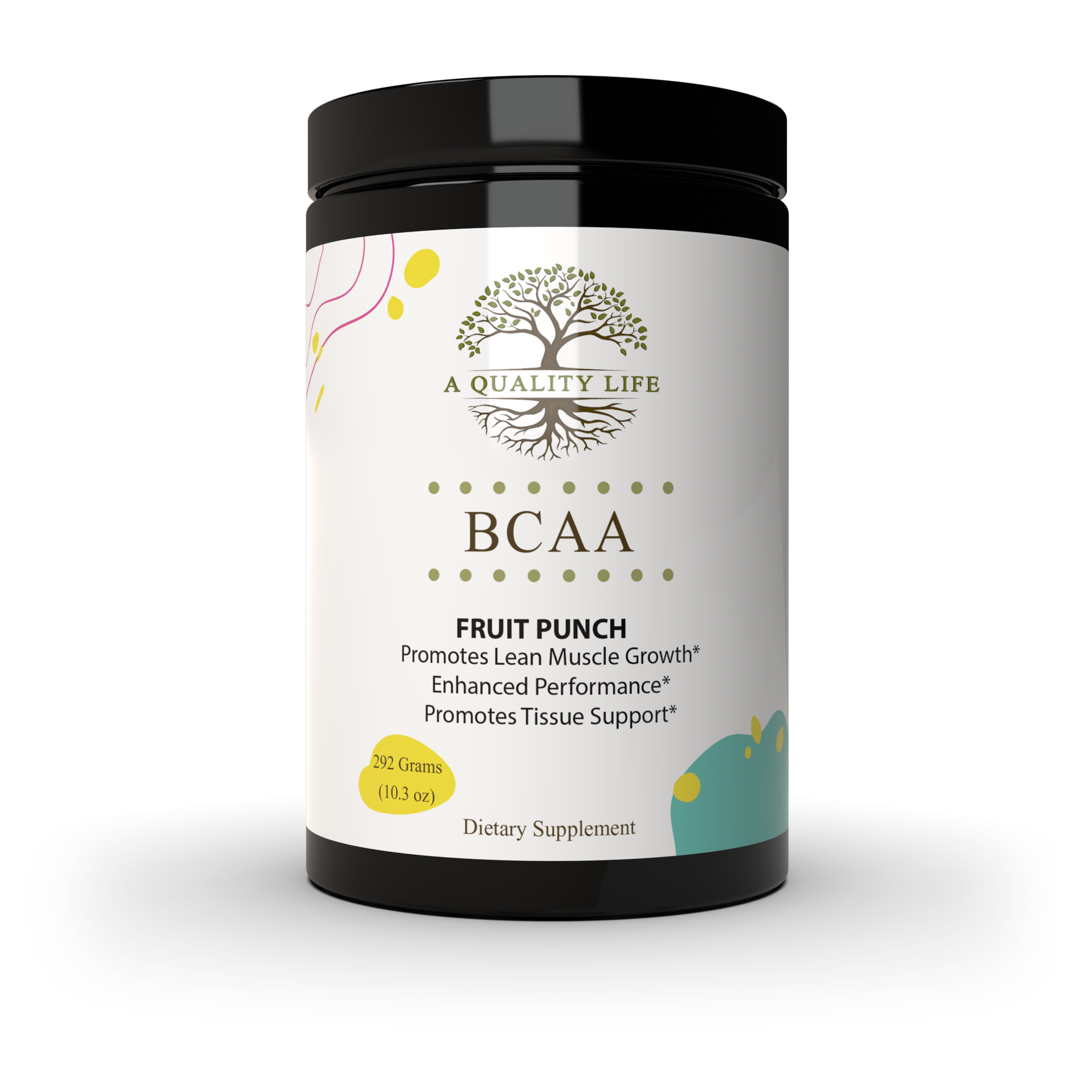Supplement container labeled 'BCAA Fruit Punch' by 'A Quality Life' on a white background