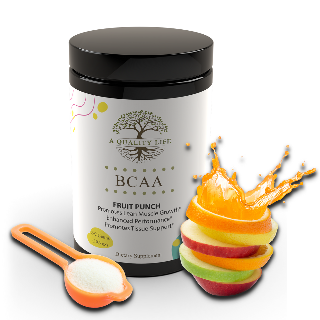 Supplement container labeled 'A Quality Life BCAA' with fruit punch flavor, a scoop, and fruit illustration on a white background.