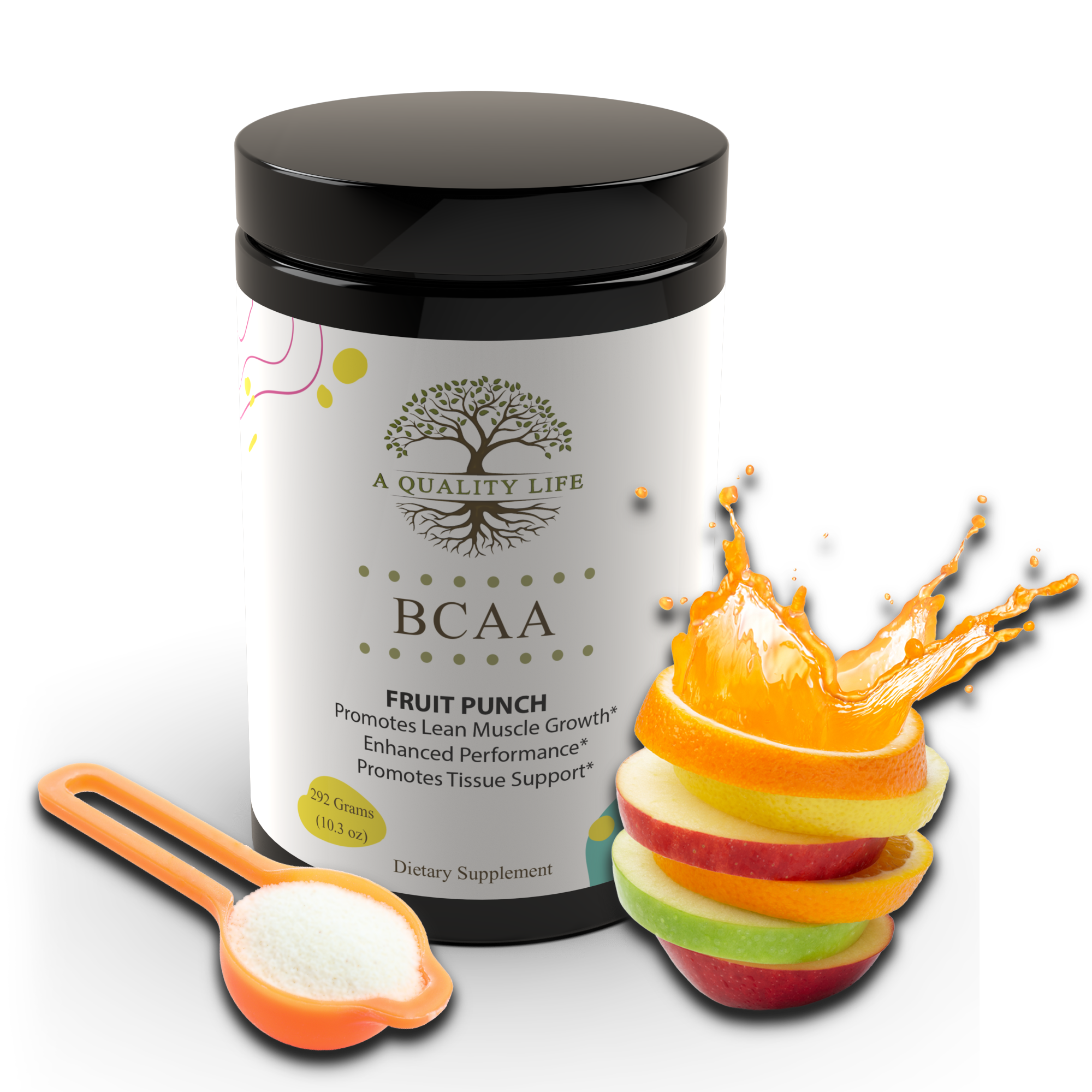 Supplement container labeled 'A Quality Life BCAA' with fruit punch flavor, a scoop, and fruit illustration on a white background.