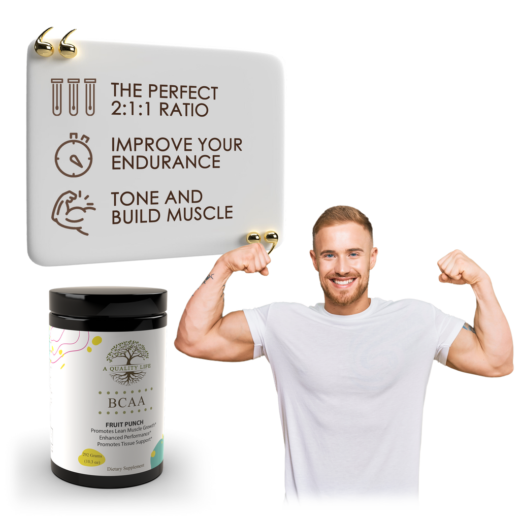 Man flexing muscles with a BCAA supplement and packaging on a white background