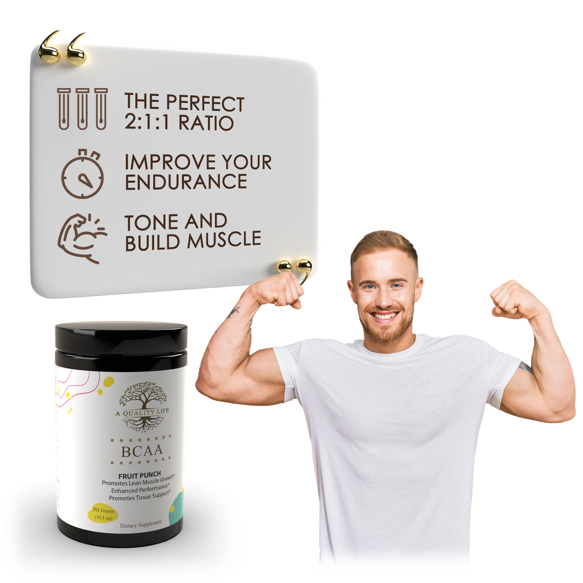 Man flexing muscles with a BCAA supplement and packaging on a white background