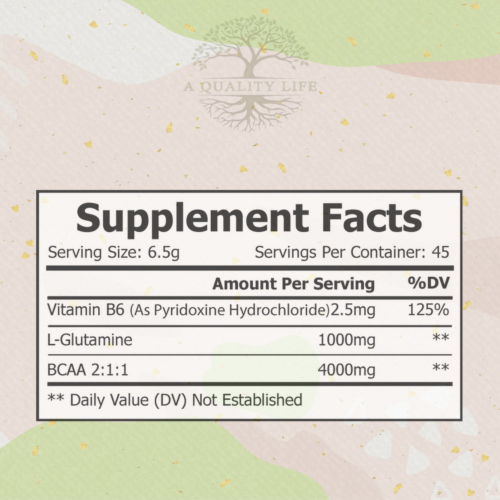 Supplement facts label with vitamins and minerals on a decorative background