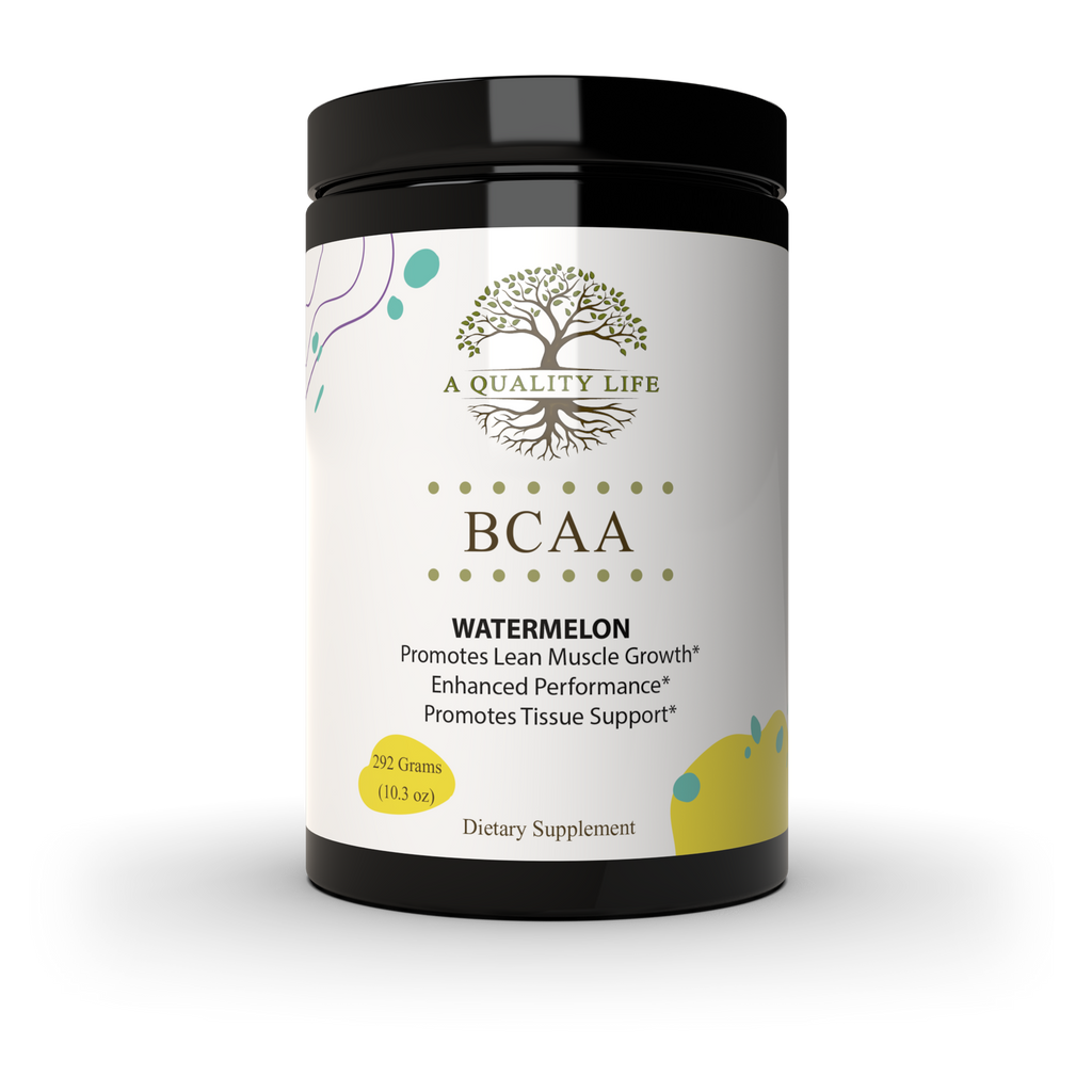 Supplement container labeled 'A Quality Life BCAA' with watermelon flavor on a white background