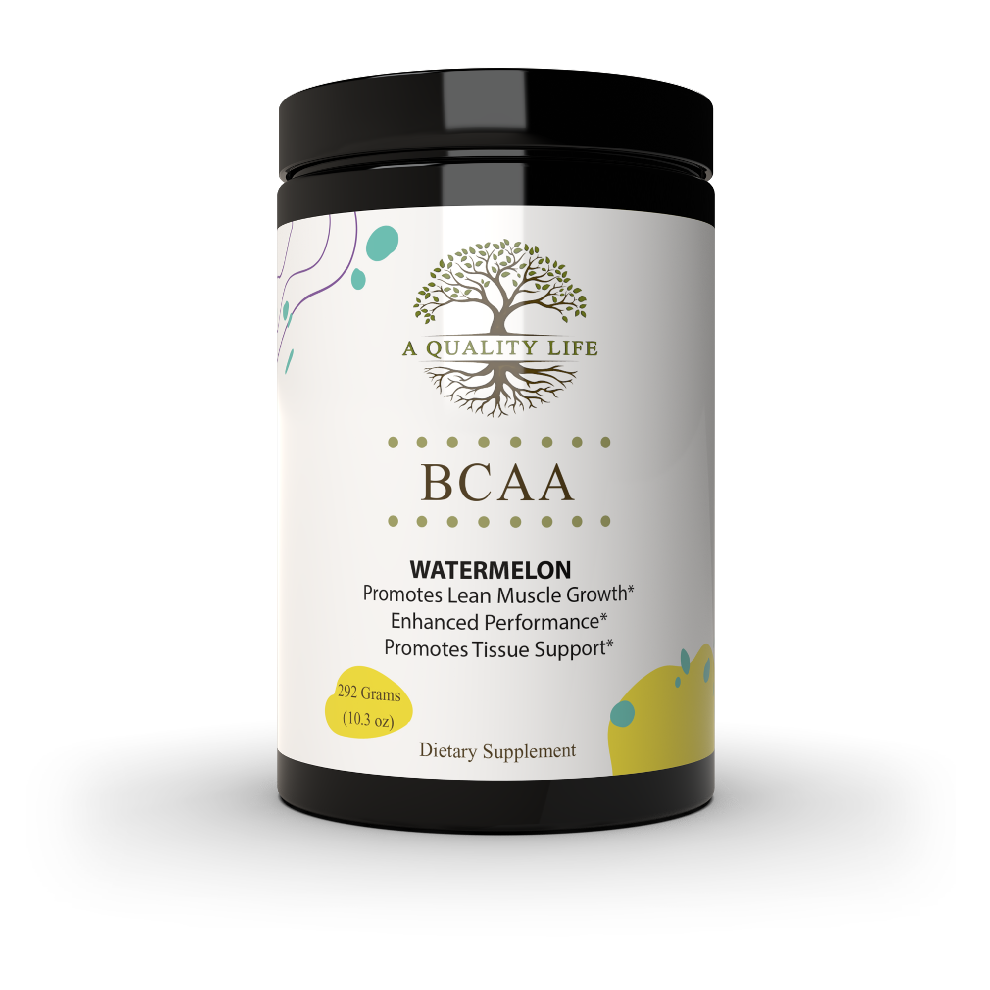 Supplement container labeled 'A Quality Life BCAA' with watermelon flavor on a white background