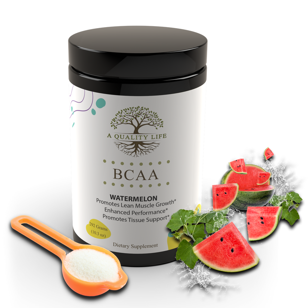 Supplement container labeled 'A Quality Life' with watermelon flavor on a white background