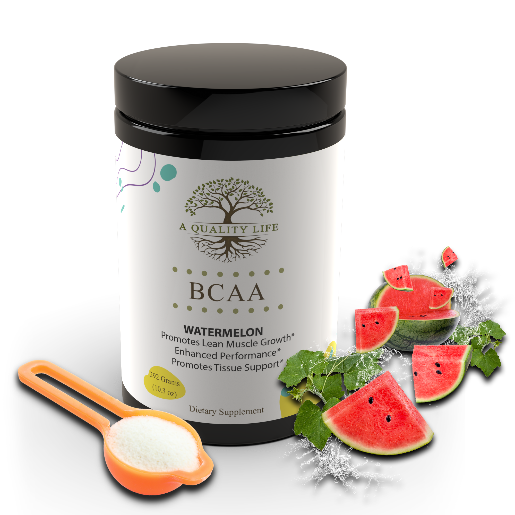 Supplement container labeled 'A Quality Life' with watermelon flavor on a white background