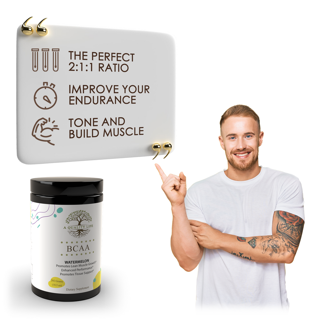 Man pointing to a supplement container with text about BCAA ratios on a white background