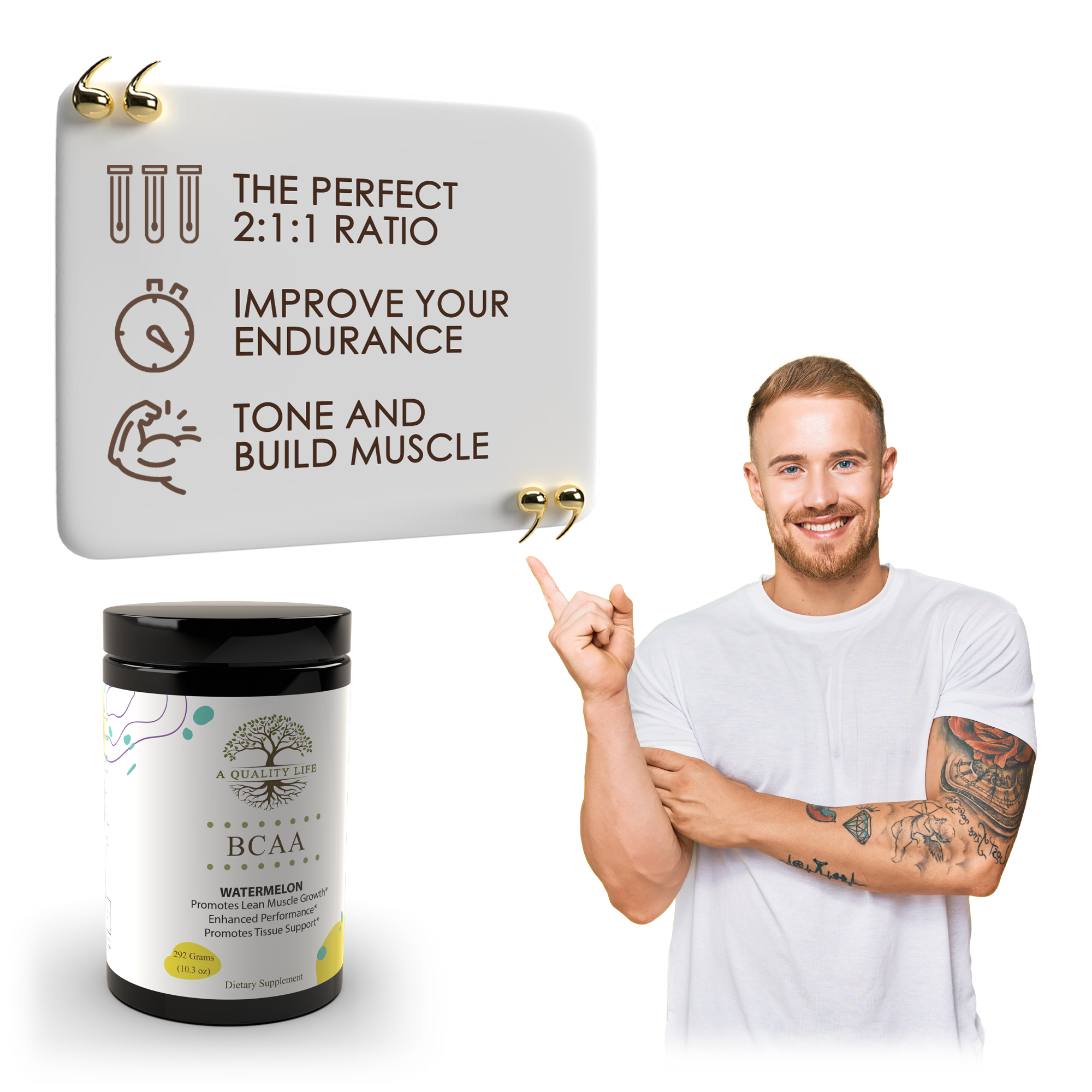 Man pointing to a supplement container with text about BCAA ratios on a white background