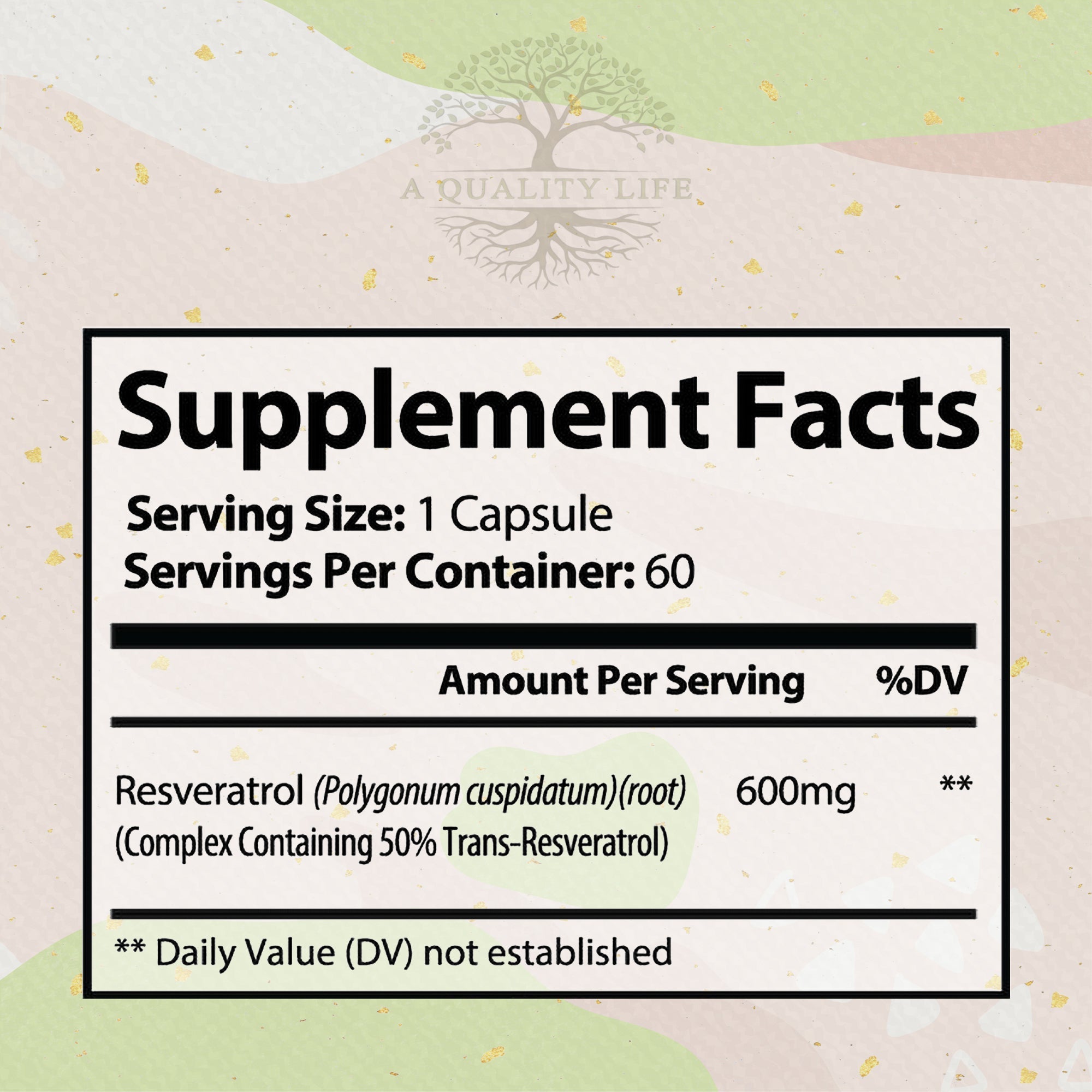 Supplement facts label with resveratrol content on a decorative background