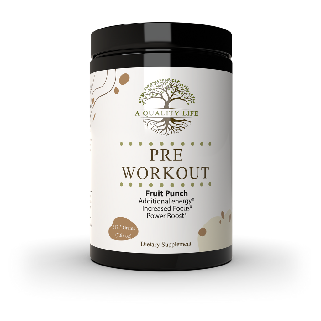 Pre-workout supplement container with 'A Quality Life' branding on a white background