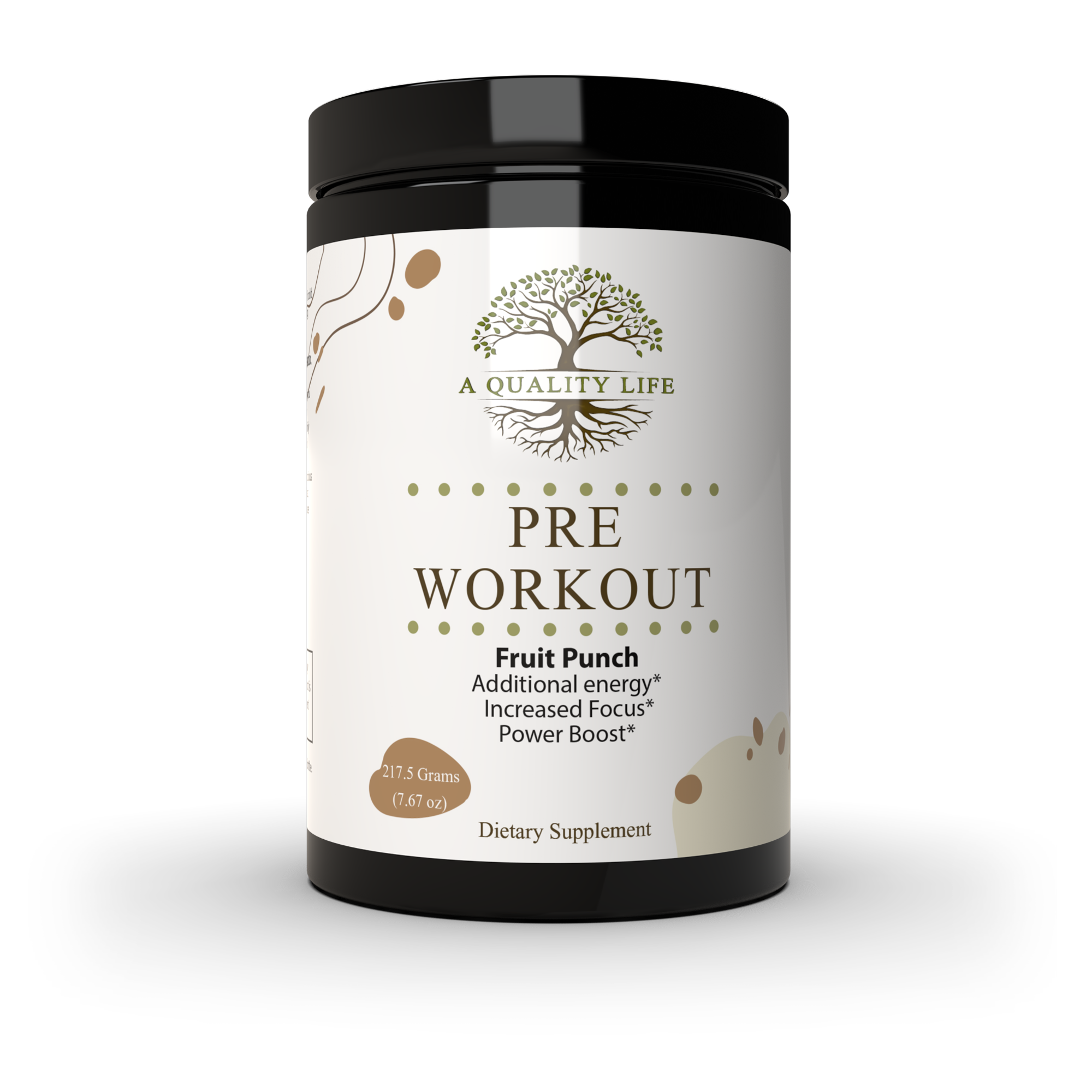 Pre-workout supplement container with 'A Quality Life' branding on a white background