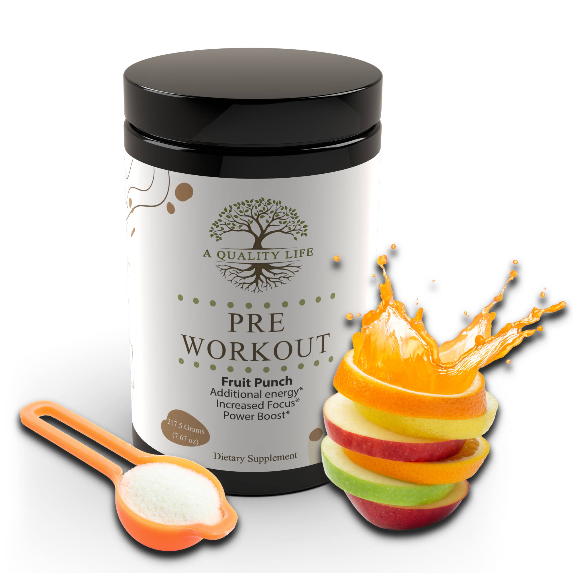 Pre-workout supplement container with fruit slices and scoop on a white background