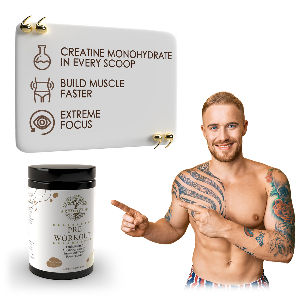 Man pointing to a pre-workout supplement with text about its benefits on a white background