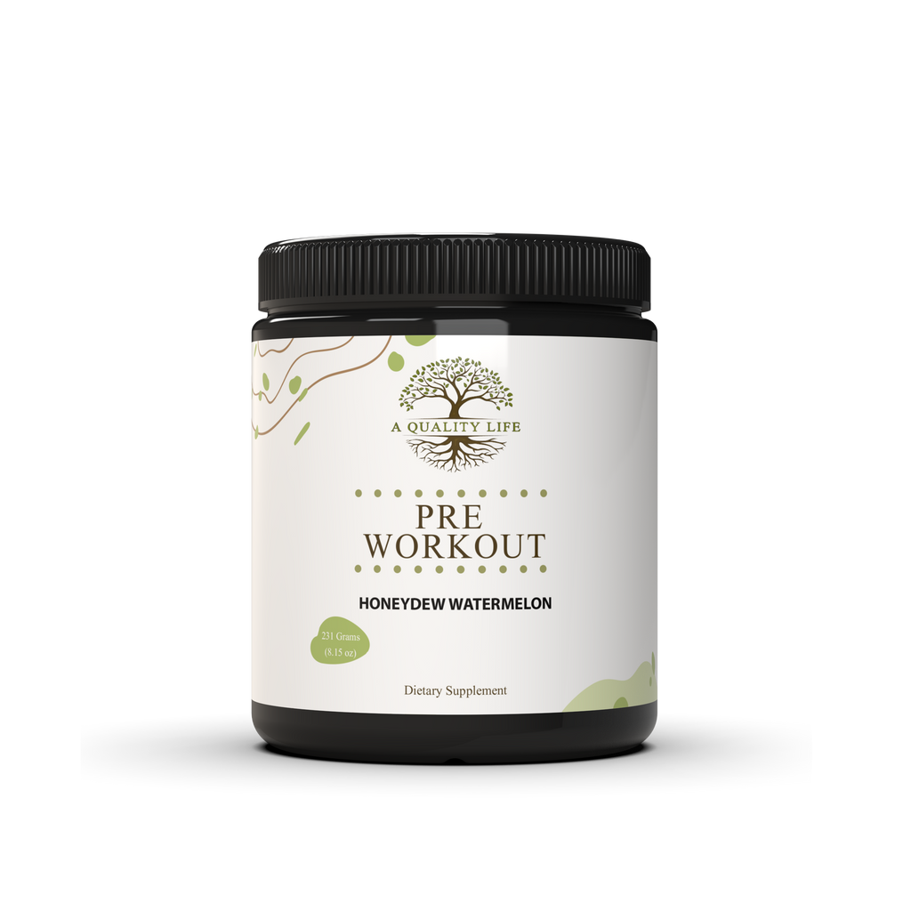 Pre-workout supplement container with 'A Quality Life' branding on a white background