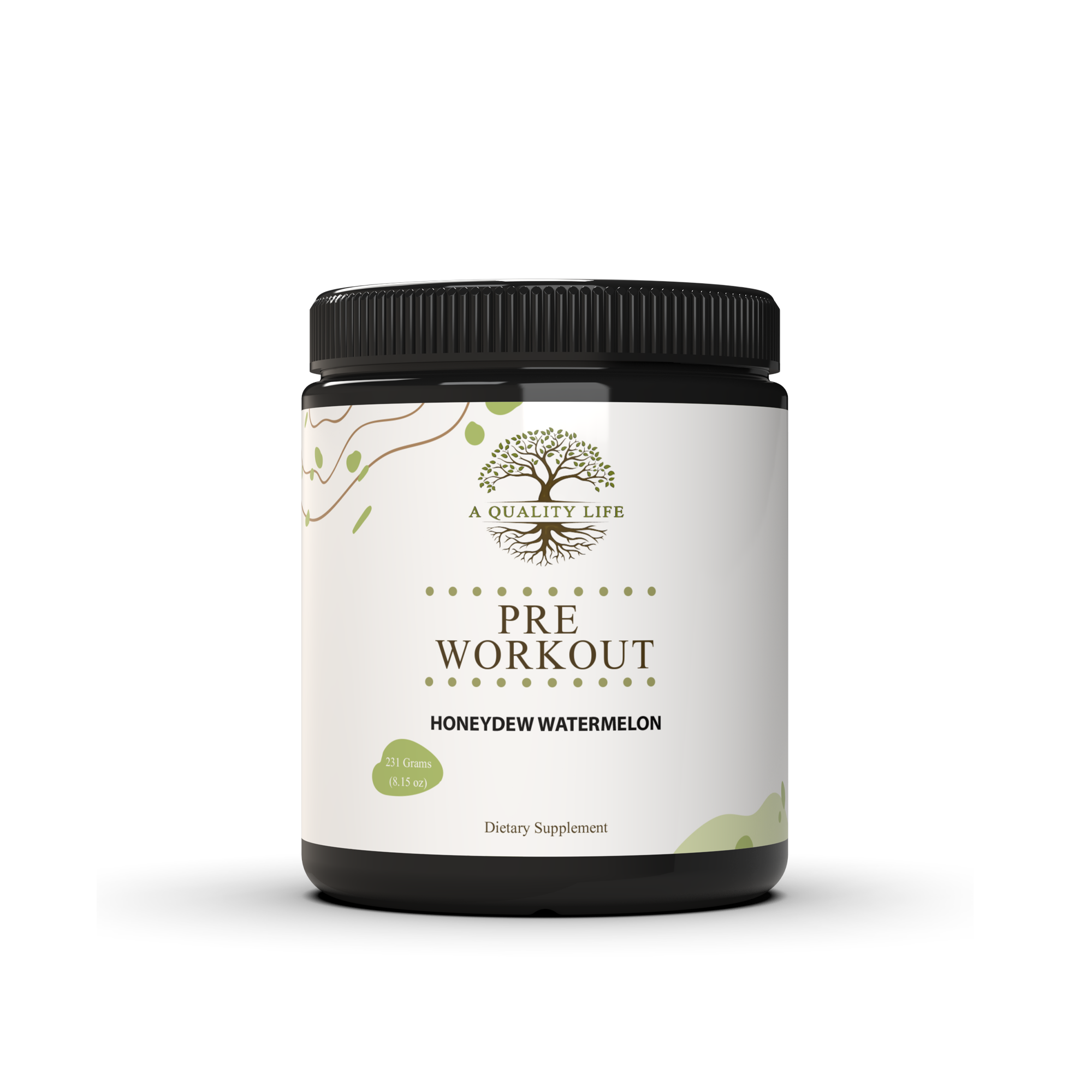 Pre-workout supplement container with 'A Quality Life' branding on a white background
