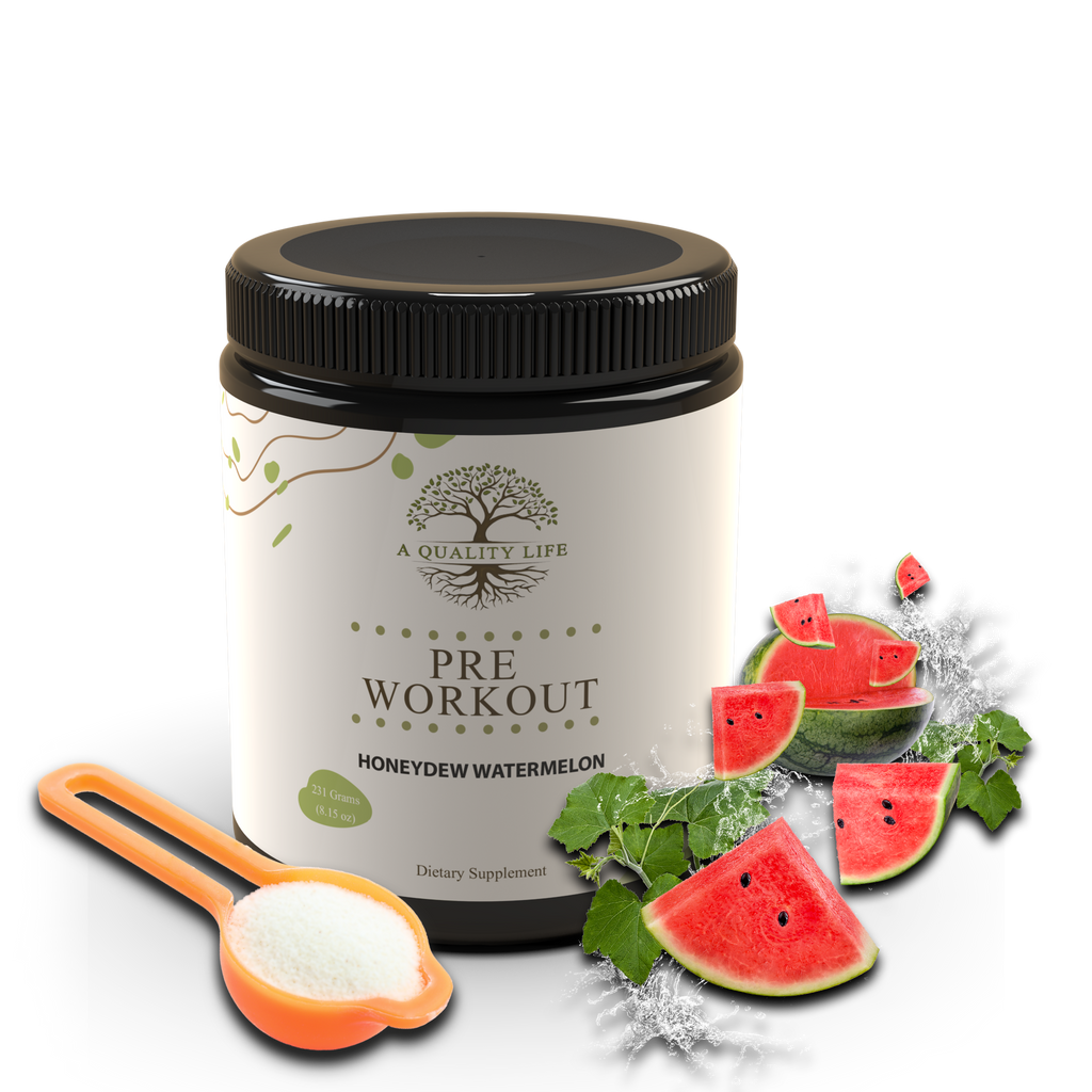 Pre-workout supplement container with honeydew watermelon flavor on a white background