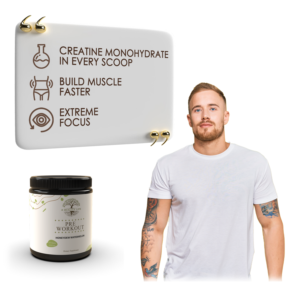 Pre-workout supplement container with a man wearing a white t-shirt on a white background