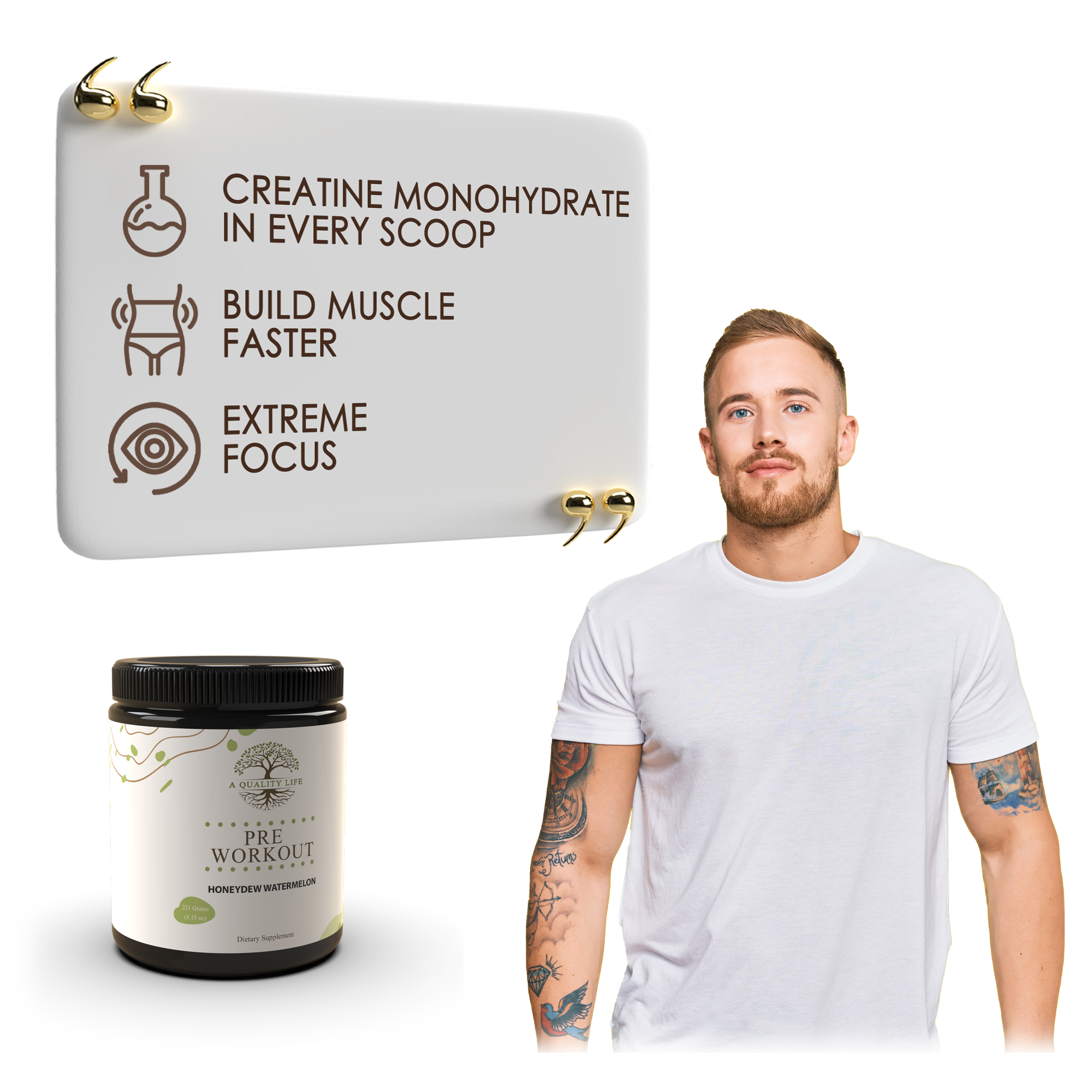 Pre-workout supplement container with a man wearing a white t-shirt on a white background