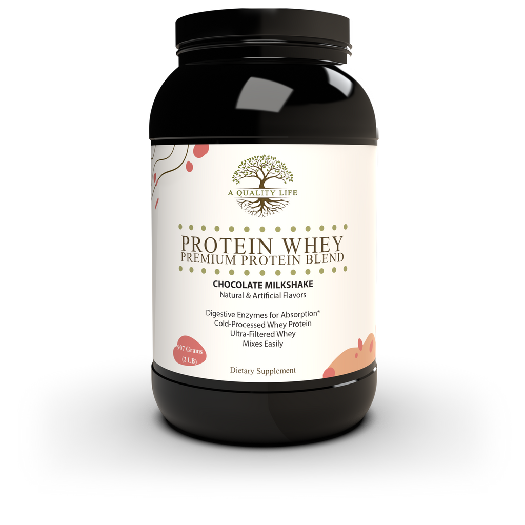 Protein powder container with a white label on a light gray background
