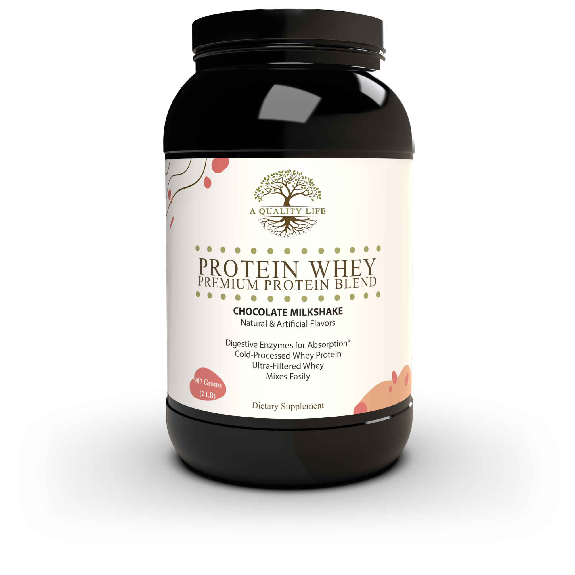 Protein powder container with a white label on a light gray background