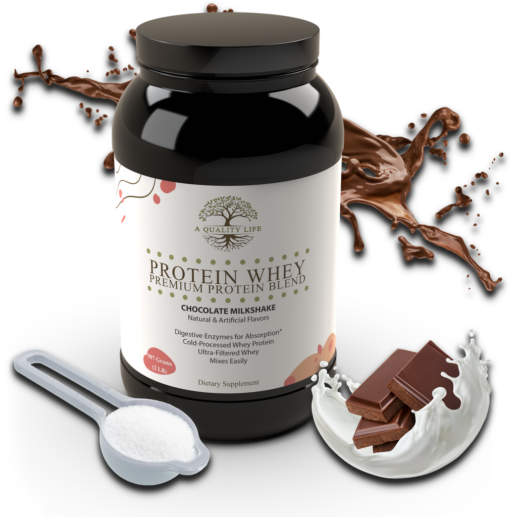 Protein powder container with chocolate pieces and a scoop on a white background
