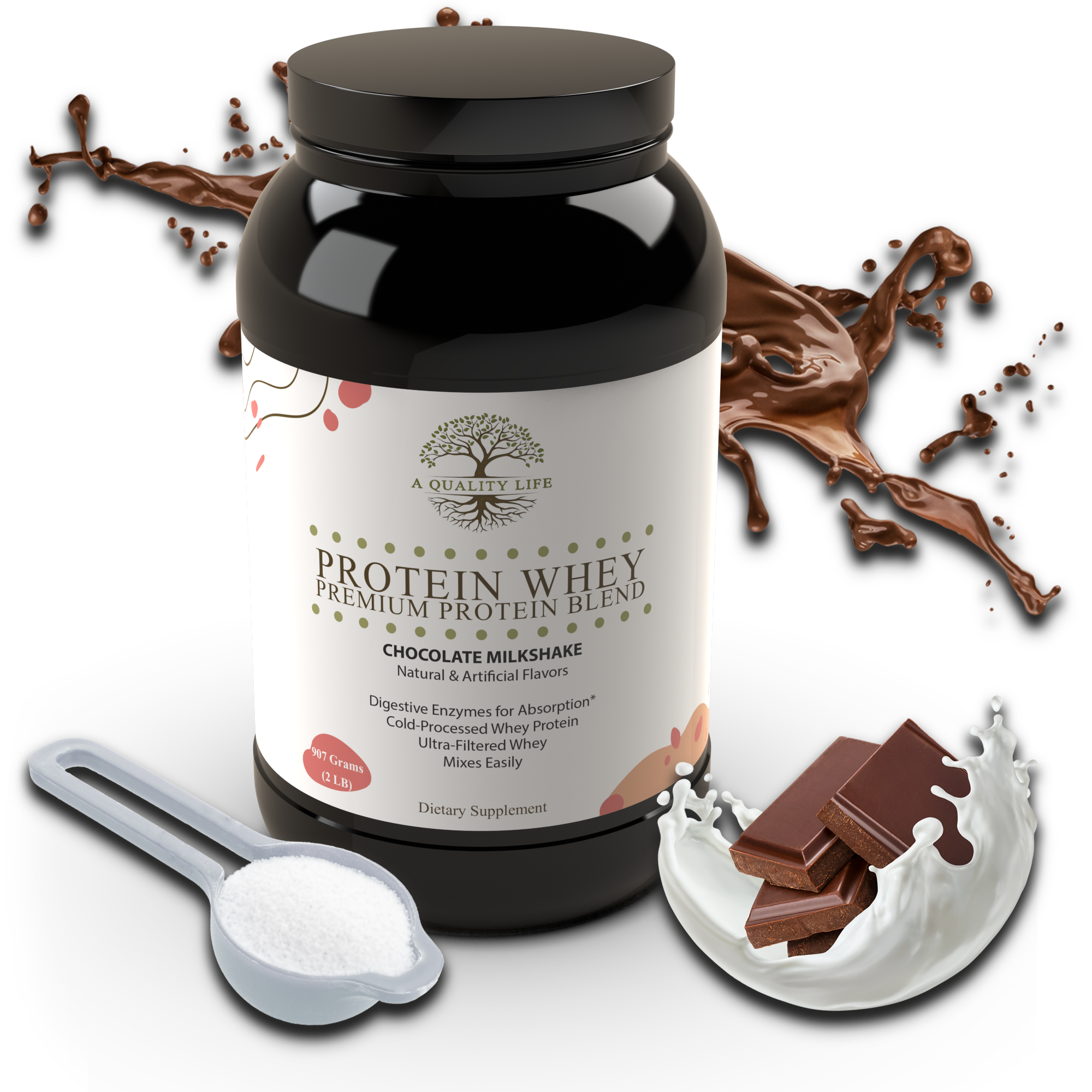 Protein powder container with chocolate pieces and a scoop on a white background