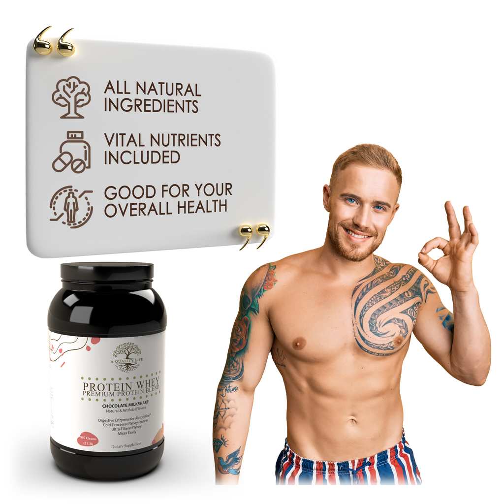 Man with tattoos showing a protein supplement with text about natural ingredients on a white background