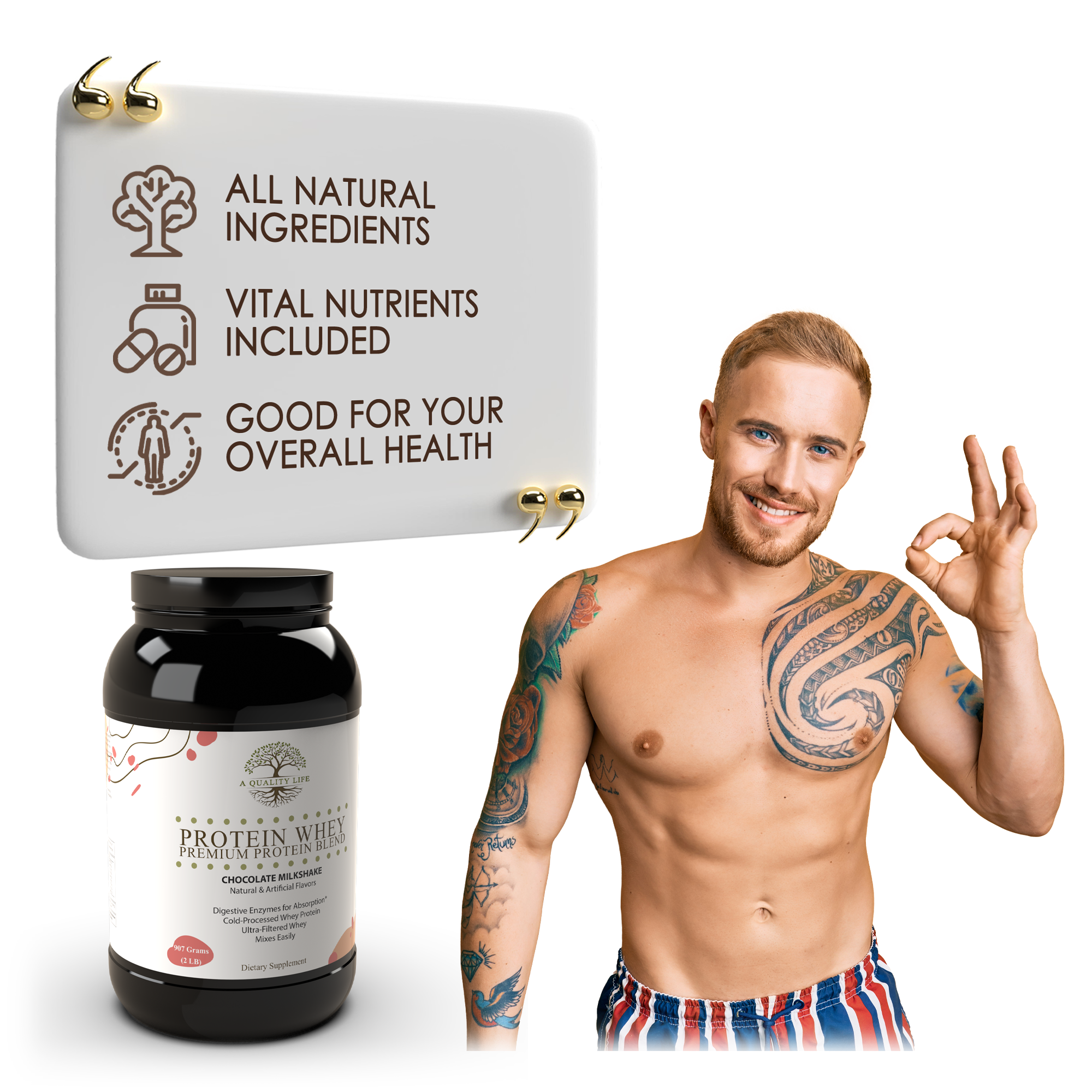 Man with tattoos showing a protein supplement with text about natural ingredients on a white background