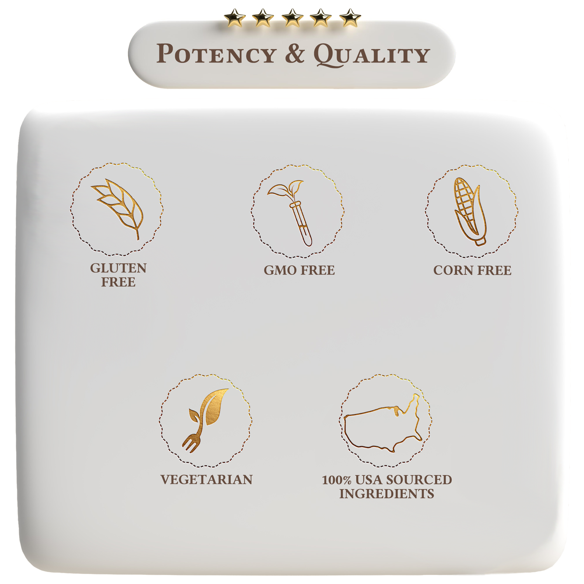 Product packaging with icons and text indicating 'Potency & Quality' features on a white background.