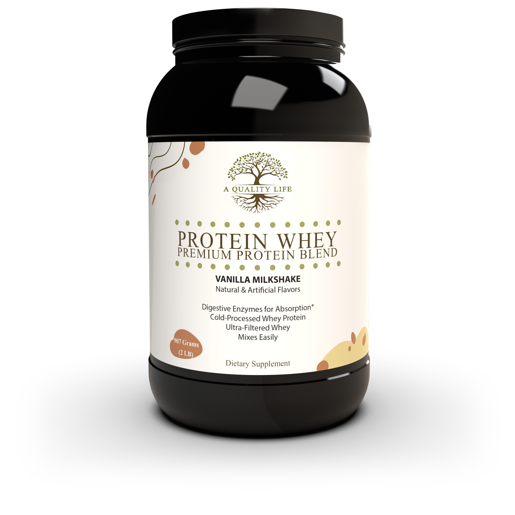 Protein powder container with a white label on a light gray background