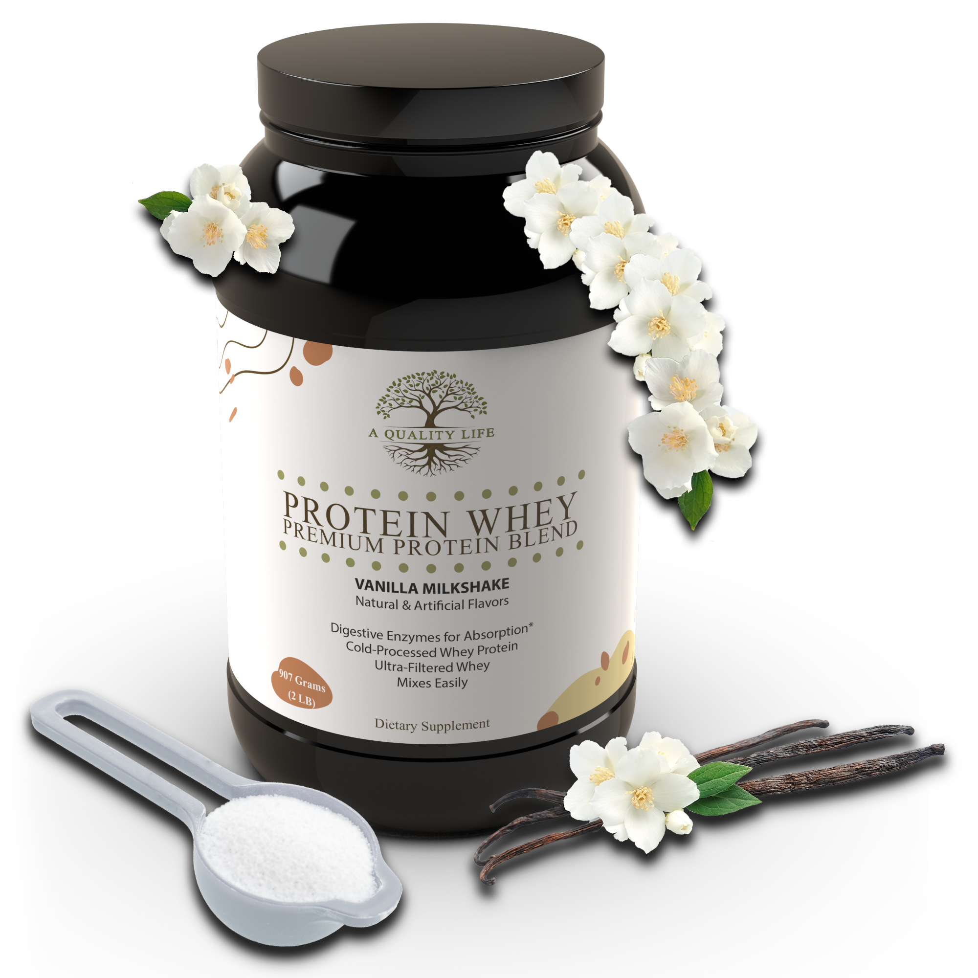 Protein powder container with vanilla milkshake flavor, surrounded by vanilla beans and flowers on a white background.
