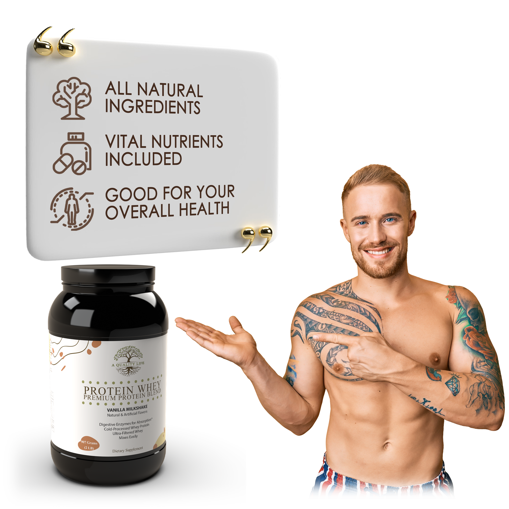 Man holding a protein supplement with text about natural ingredients on a white background