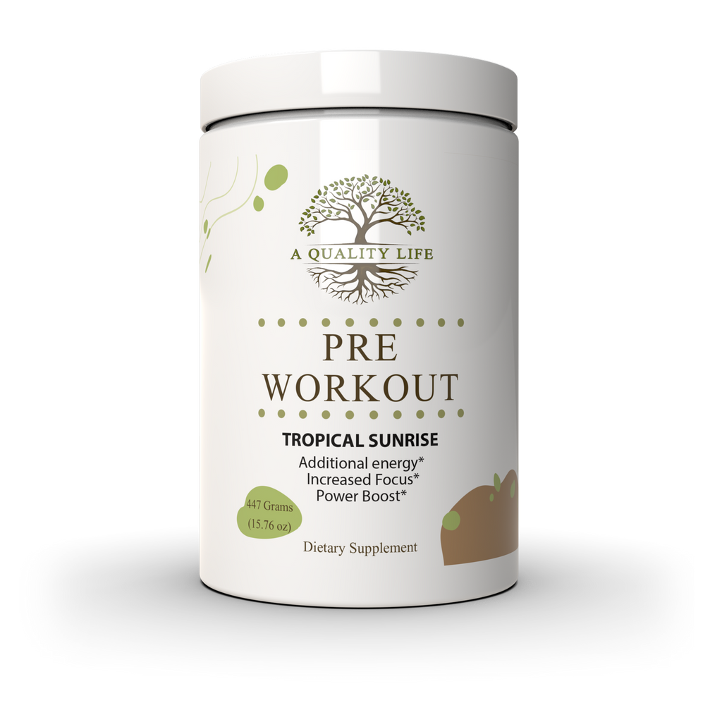 Pre-workout supplement container labeled 'Tropical Sunrise' by 'A Quality Life' on a white background.