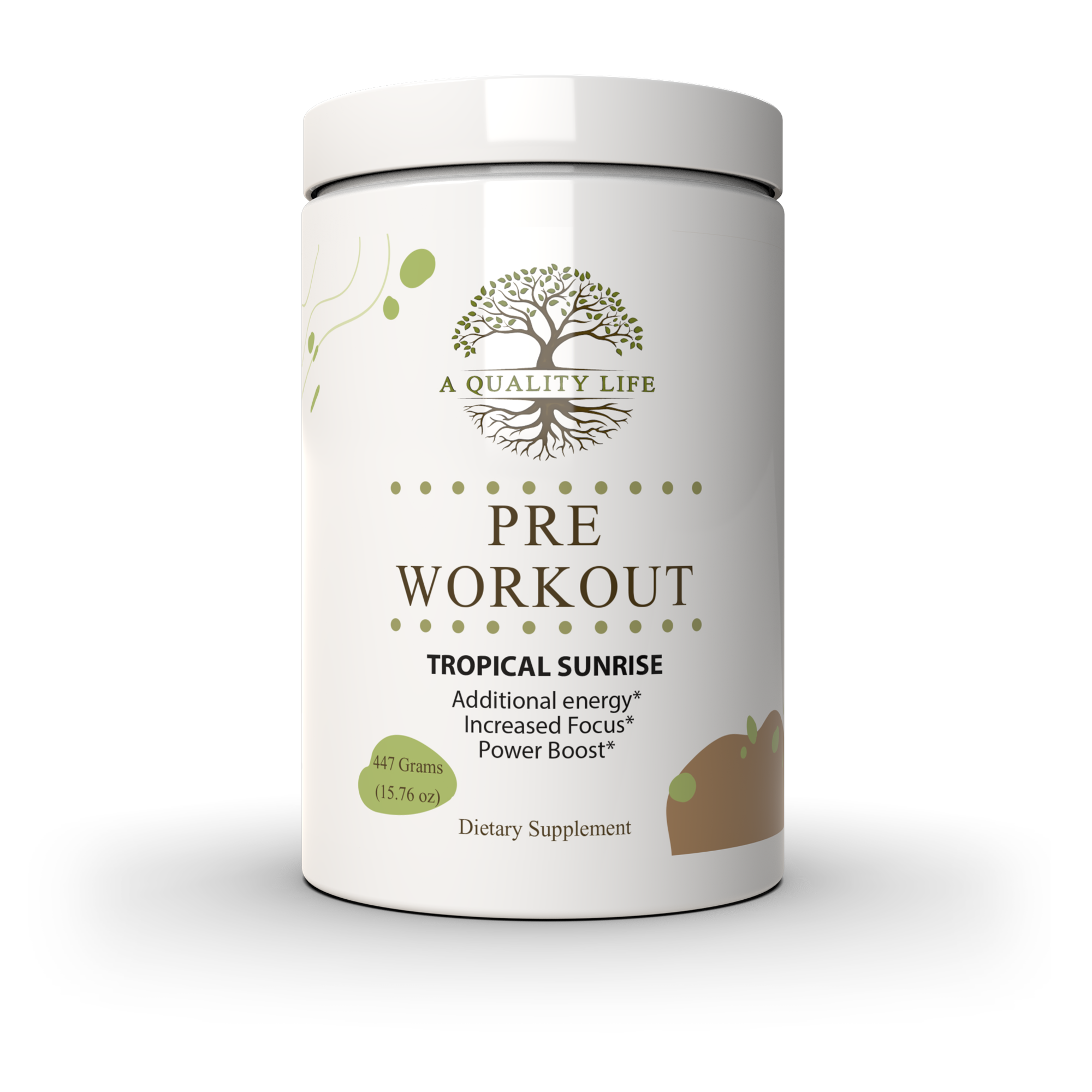 Pre-workout supplement container labeled 'Tropical Sunrise' by 'A Quality Life' on a white background.