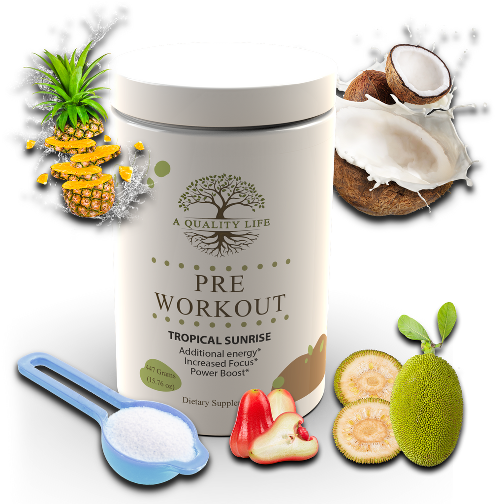 Pre-workout supplement container with tropical ingredients on a white background