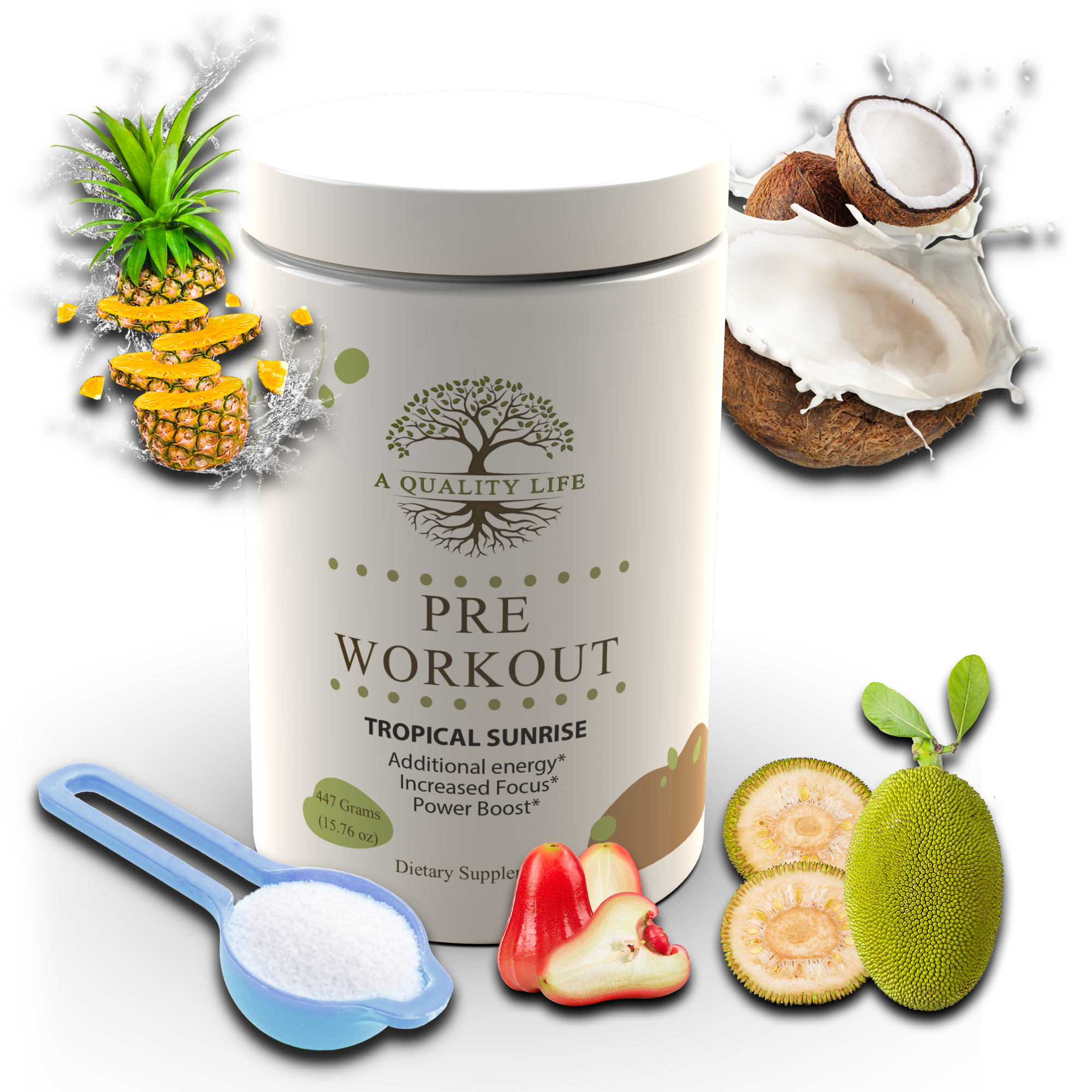 Pre-workout supplement container with tropical ingredients on a white background