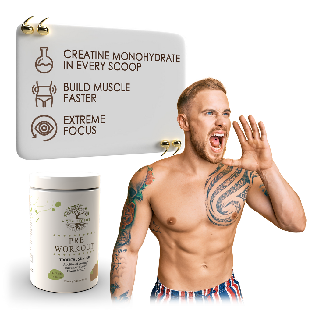 Man with tattoos shouting next to a container of pre-workout supplement and packaging.