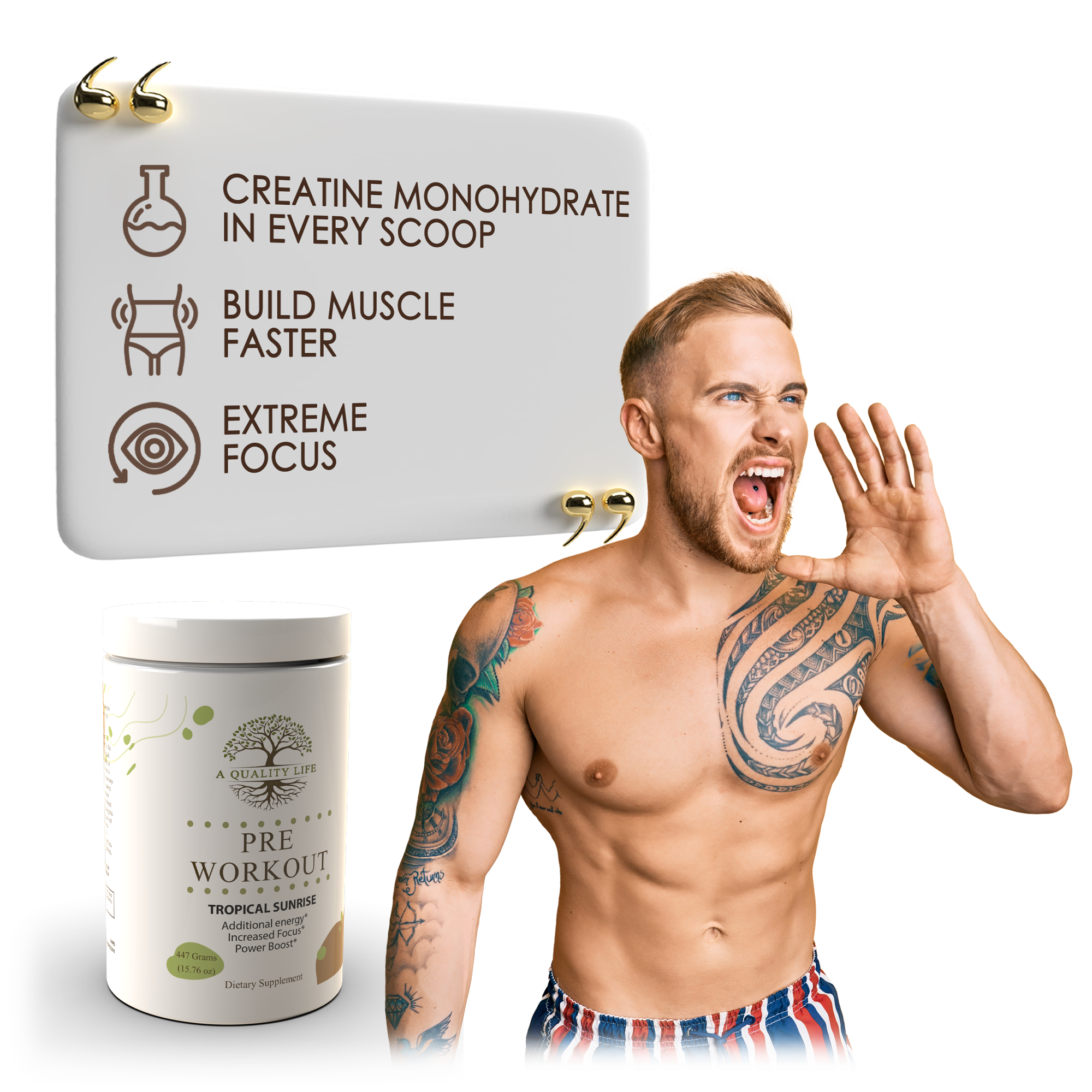 Man with tattoos shouting next to a container of pre-workout supplement and packaging.