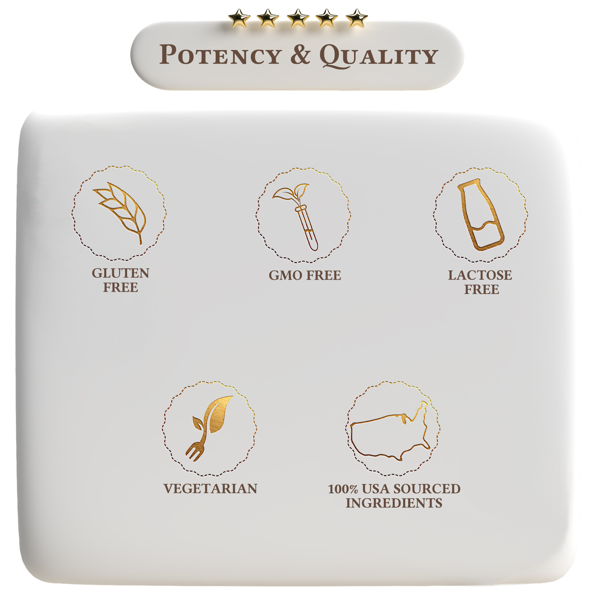 Product packaging with icons and text indicating 'Potency & Quality' features on a white background.