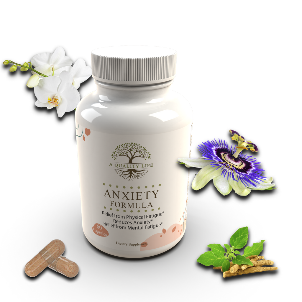 Bottle of 'Anxiety Formula' supplement with decorative elements on a white background