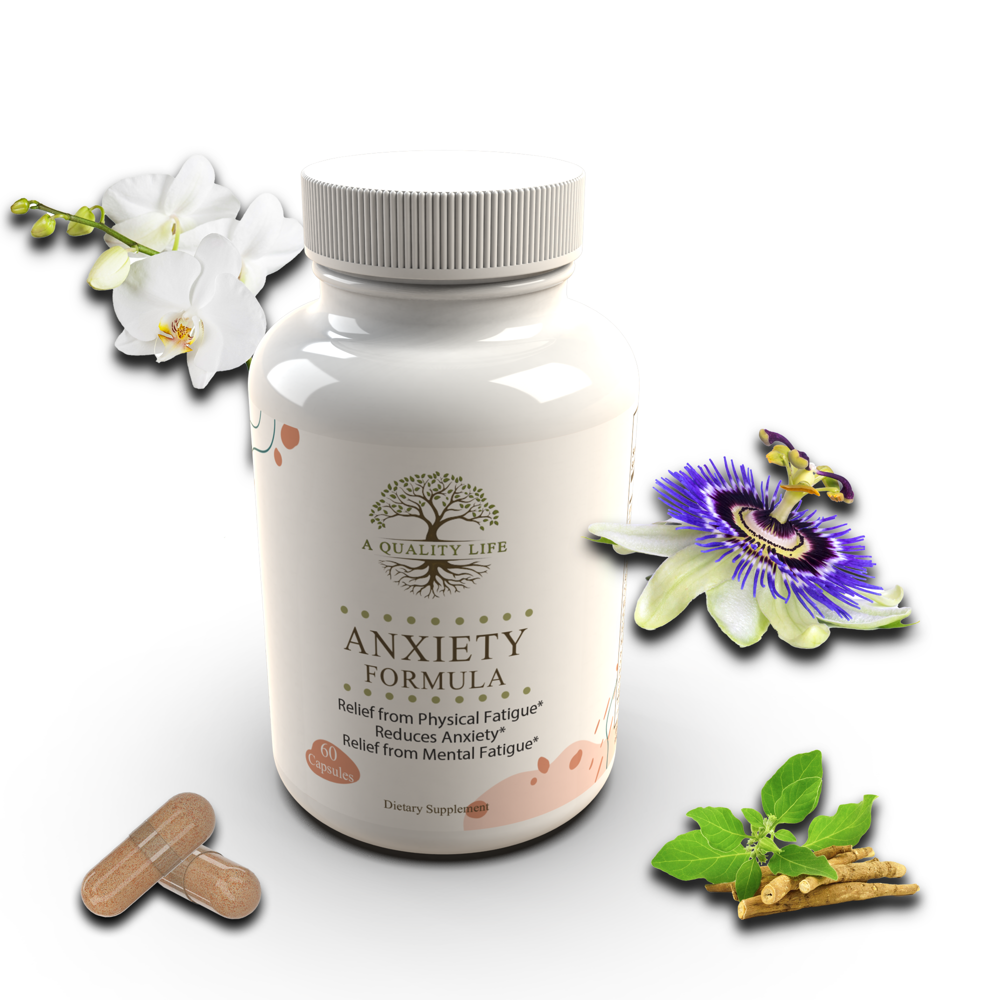 Bottle of 'Anxiety Formula' supplement with decorative elements on a white background